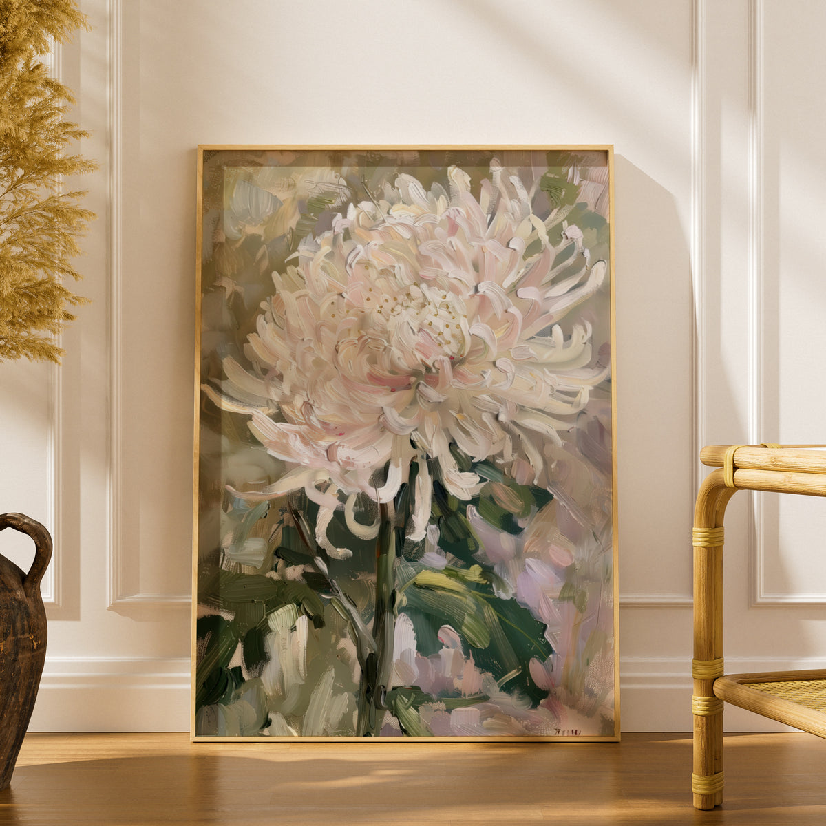 Pale Pink Chrysanthemum Poster, Floral Oil Painting Wall Art Print, Botanical Art for Living Room — styling mockup 1