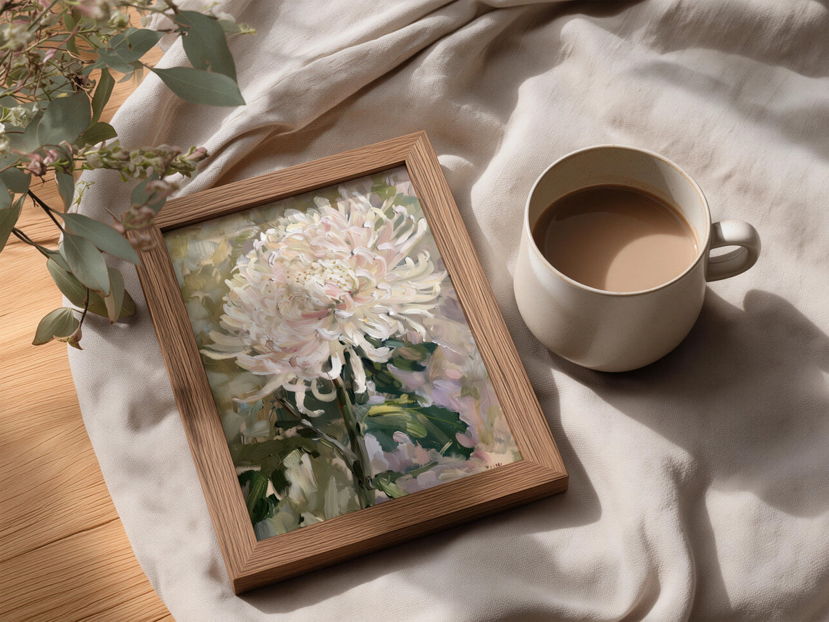 Pale Pink Chrysanthemum Poster, Floral Oil Painting Wall Art Print, Botanical Art for Living Room — styling mockup 3