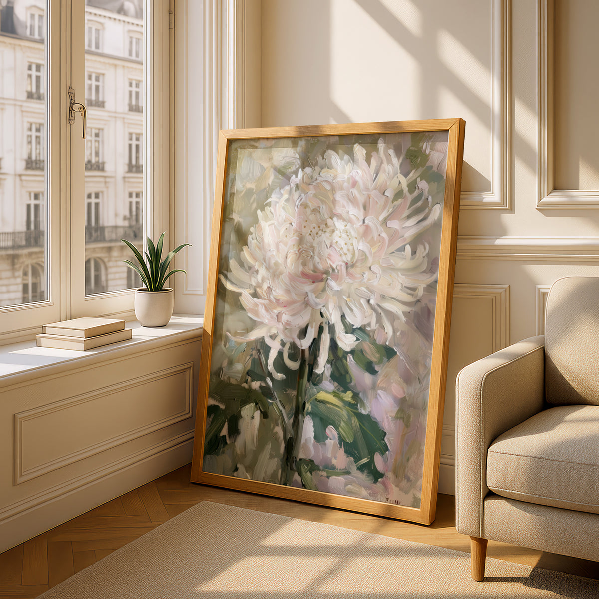 Pale Pink Chrysanthemum Poster, Floral Oil Painting Wall Art Print, Botanical Art for Living Room — styling mockup 4