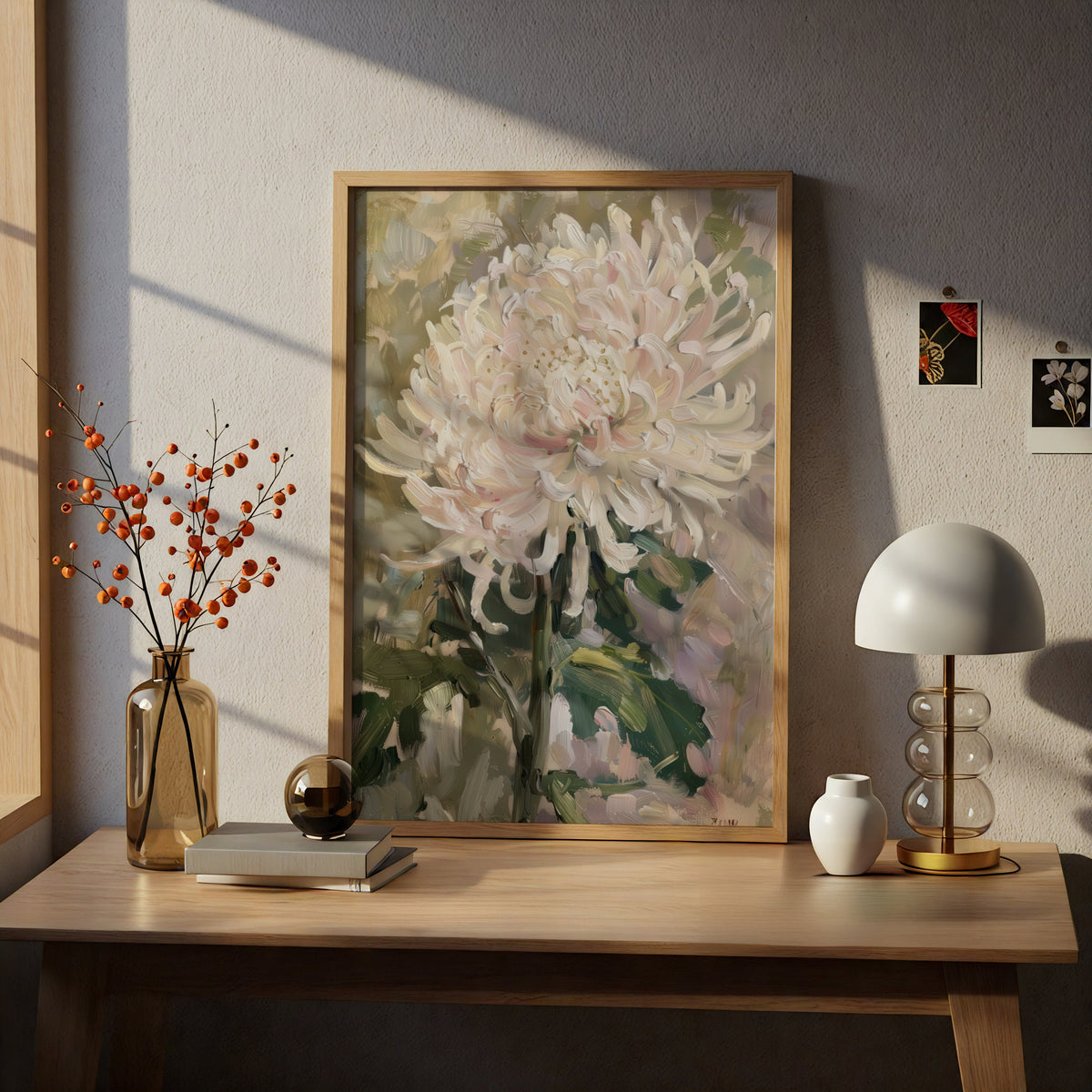 Pale Pink Chrysanthemum Poster, Floral Oil Painting Wall Art Print, Botanical Art for Living Room — styling mockup 5