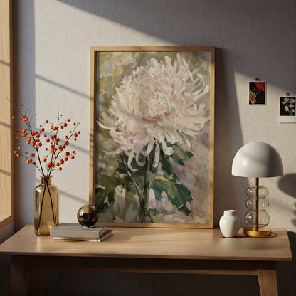 Pale Pink Chrysanthemum Poster, Floral Oil Painting Wall Art Print, Botanical Art for Living Room — styling mockup 5