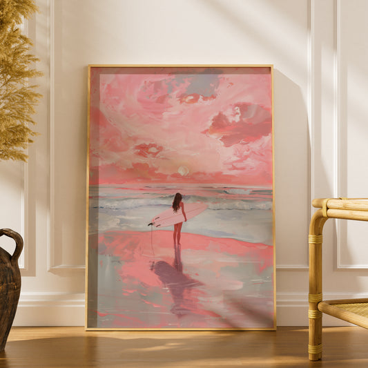 Pink Surfer Girl Beach Poster, Coastal Wall Art, Sunset Ocean Art Print, Bedroom Living Room Decor — styling mockup 1
