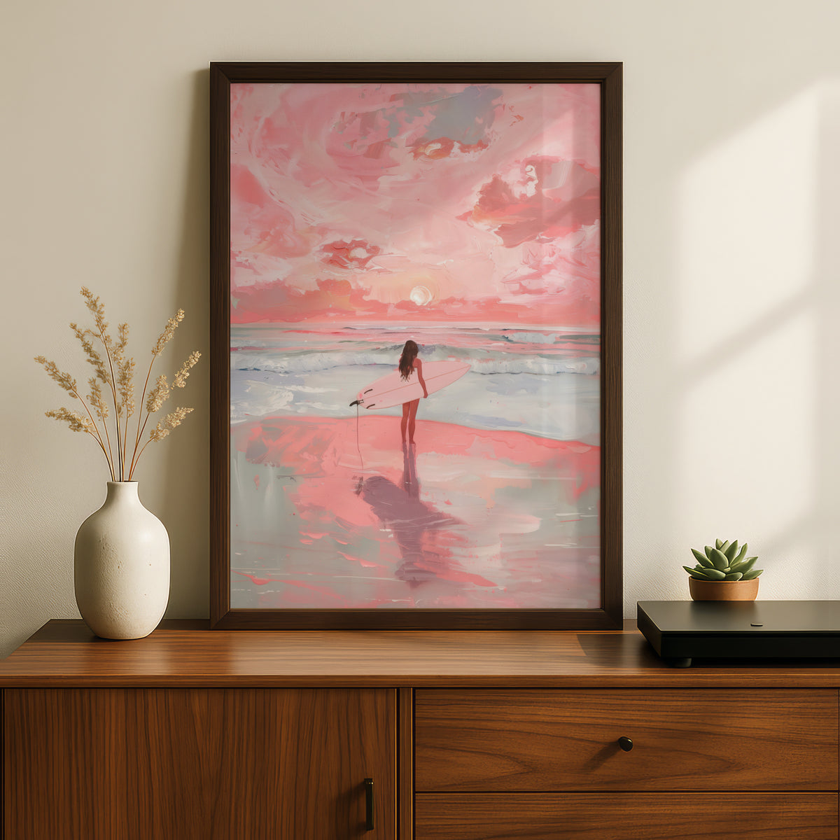 Pink Surfer Girl Beach Poster, Coastal Wall Art, Sunset Ocean Art Print, Bedroom Living Room Decor — styling mockup 2