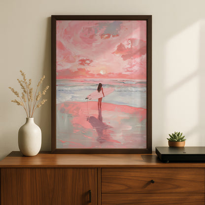 Pink Surfer Girl Beach Poster, Coastal Wall Art, Sunset Ocean Art Print, Bedroom Living Room Decor — styling mockup 2