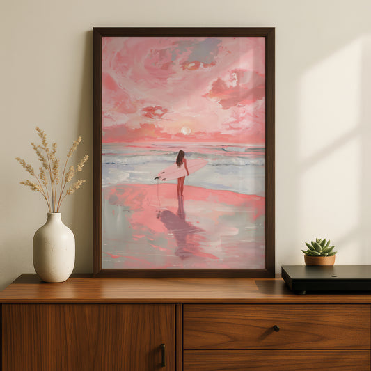 Pink Surfer Girl Beach Poster, Coastal Wall Art, Sunset Ocean Art Print, Bedroom Living Room Decor — styling mockup 2