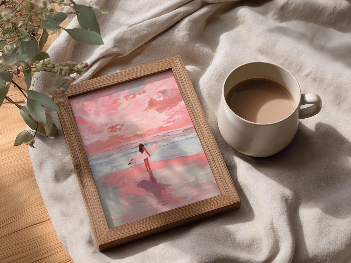 Pink Surfer Girl Beach Poster, Coastal Wall Art, Sunset Ocean Art Print, Bedroom Living Room Decor — styling mockup 3