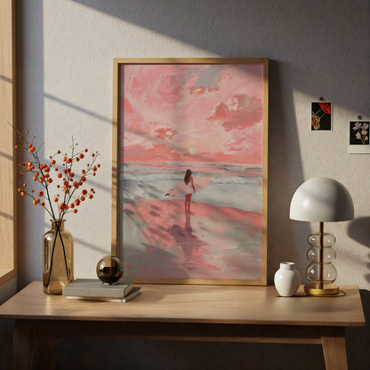 Pink Surfer Girl Beach Poster, Coastal Wall Art, Sunset Ocean Art Print, Bedroom Living Room Decor — styling mockup 5