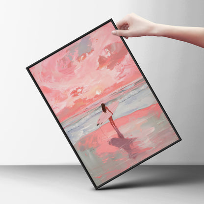 Pink Surfer Girl Beach Poster, Coastal Wall Art, Sunset Ocean Art Print, Bedroom Living Room Decor — styling mockup 6