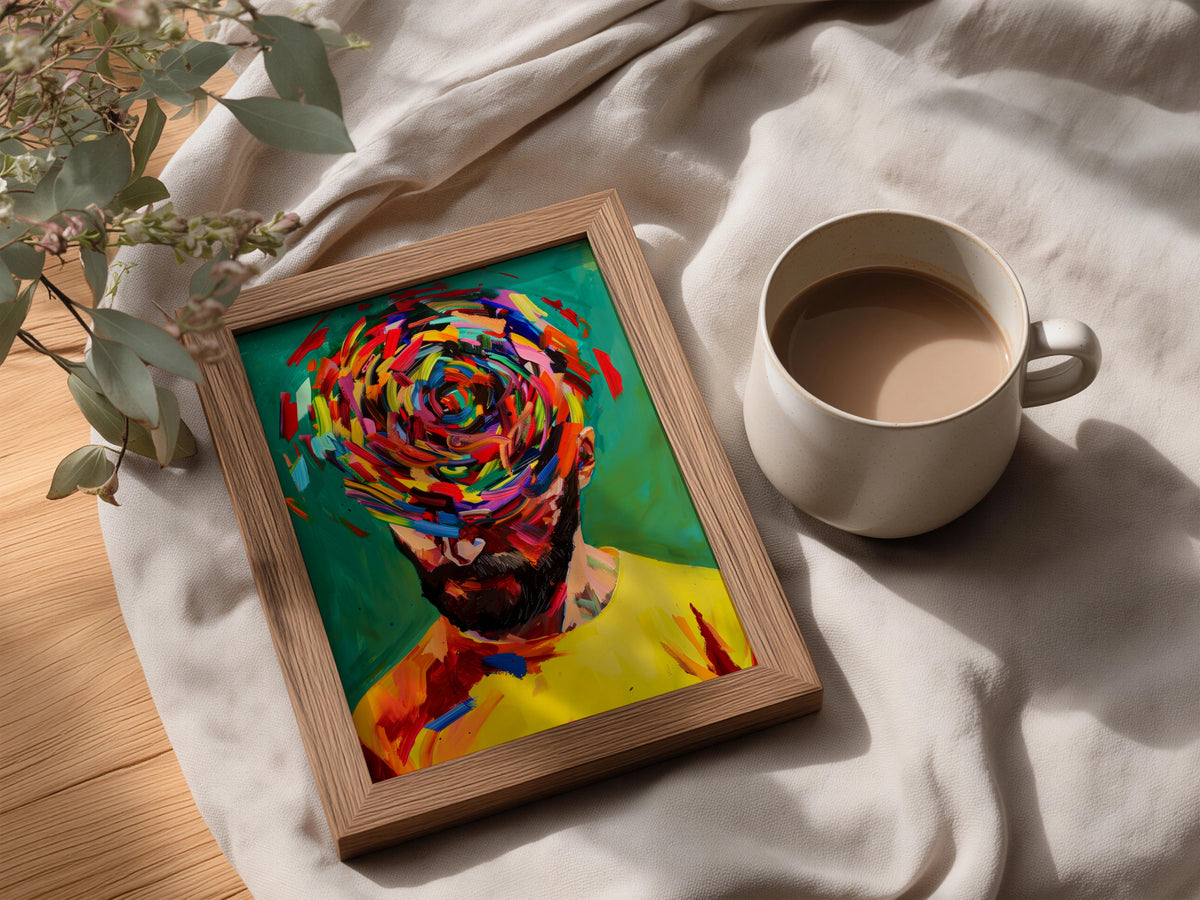 Abstract Portrait Poster, Colourful Expressionist Wall Art, Bearded Man Art Print for Living Room — styling mockup 3
