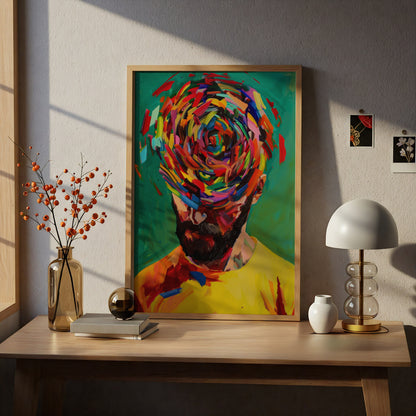 Abstract Portrait Poster, Colourful Expressionist Wall Art, Bearded Man Art Print for Living Room — styling mockup 5