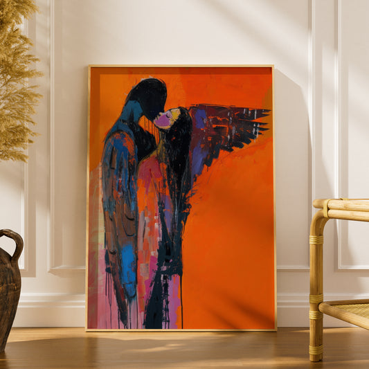 Abstract Couple Embrace Wall Art, Orange Expressionist Poster, Winged Figures Print, Romantic — styling mockup 1