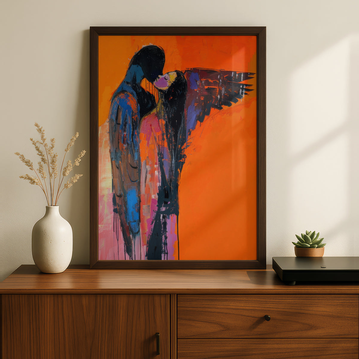 Abstract Couple Embrace Wall Art, Orange Expressionist Poster, Winged Figures Print, Romantic — styling mockup 2