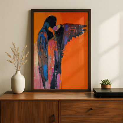 Abstract Couple Embrace Wall Art, Orange Expressionist Poster, Winged Figures Print, Romantic — styling mockup 2
