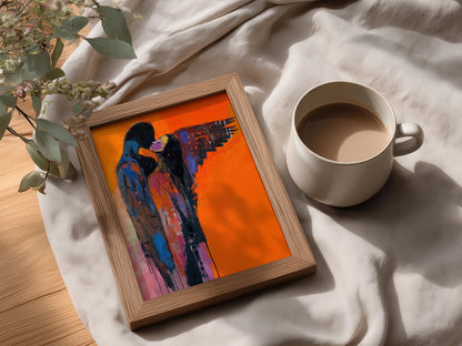 Abstract Couple Embrace Wall Art, Orange Expressionist Poster, Winged Figures Print, Romantic — styling mockup 3