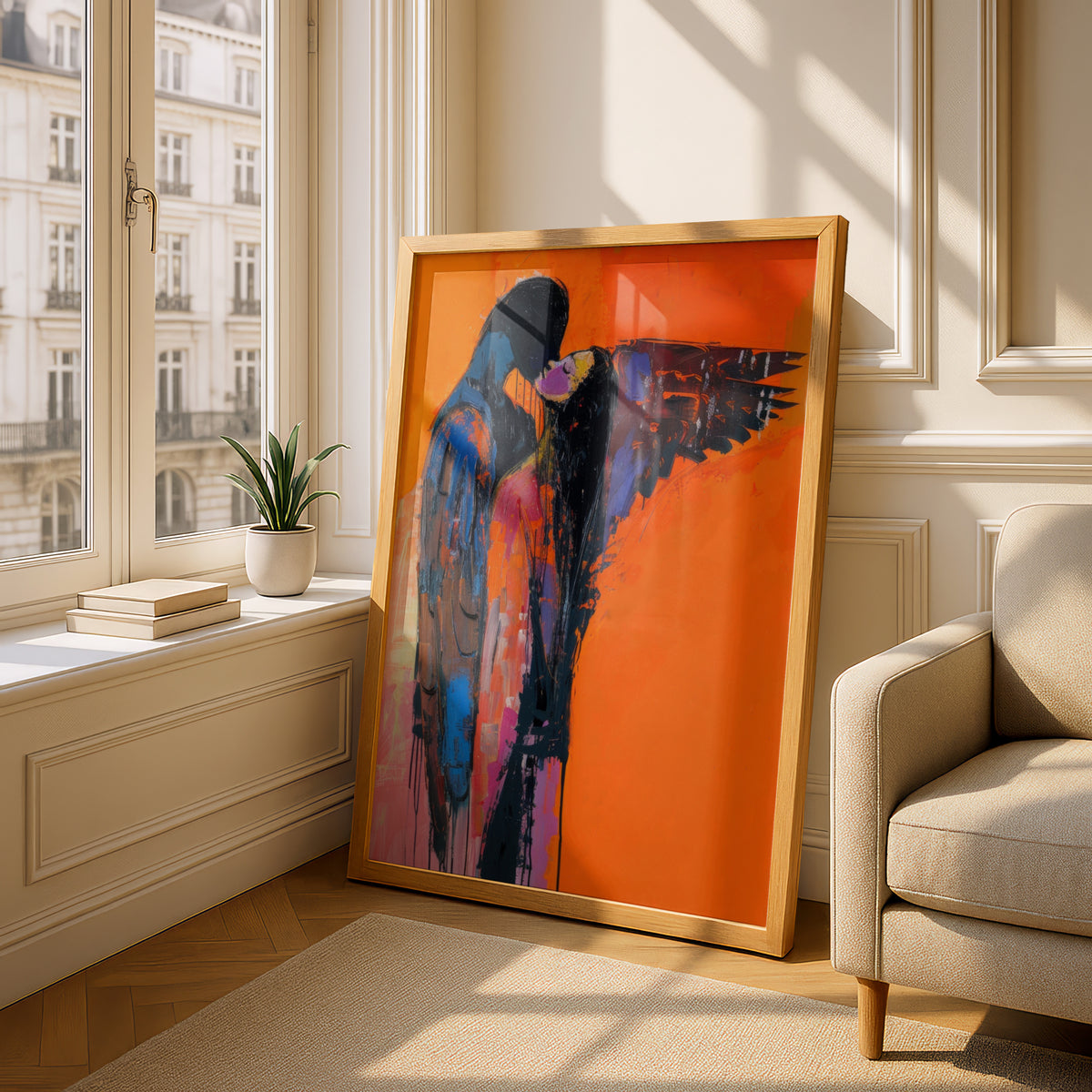 Abstract Couple Embrace Wall Art, Orange Expressionist Poster, Winged Figures Print, Romantic — styling mockup 4