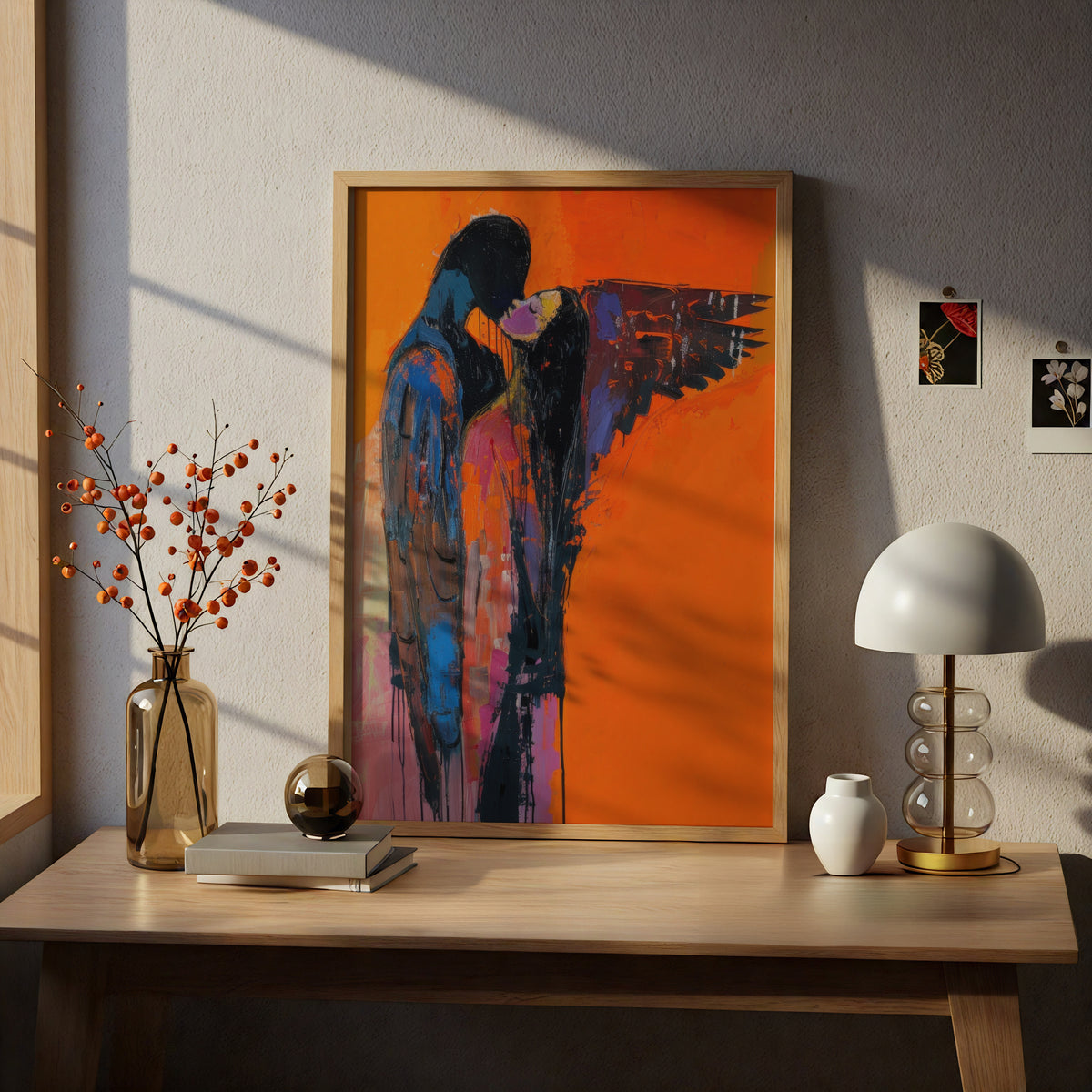 Abstract Couple Embrace Wall Art, Orange Expressionist Poster, Winged Figures Print, Romantic — styling mockup 5