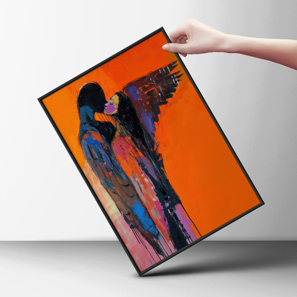 Abstract Couple Embrace Wall Art, Orange Expressionist Poster, Winged Figures Print, Romantic — styling mockup 6