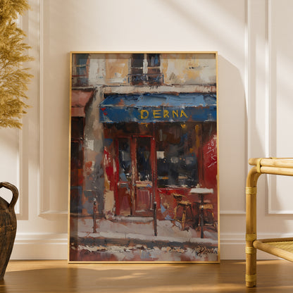 Parisian Cafe Street Scene Poster, Oil Painting Wall Art, Blue Awning Art Print, Living Room Decor — styling mockup 1