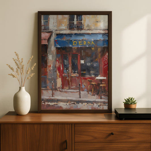 Parisian Cafe Street Scene Poster, Oil Painting Wall Art, Blue Awning Art Print, Living Room Decor — styling mockup 2