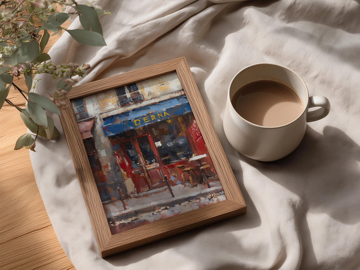 Parisian Cafe Street Scene Poster, Oil Painting Wall Art, Blue Awning Art Print, Living Room Decor — styling mockup 3