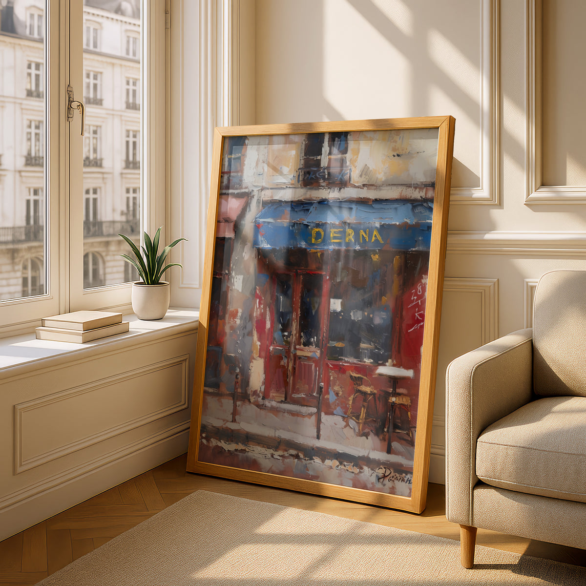 Parisian Cafe Street Scene Poster, Oil Painting Wall Art, Blue Awning Art Print, Living Room Decor — styling mockup 4