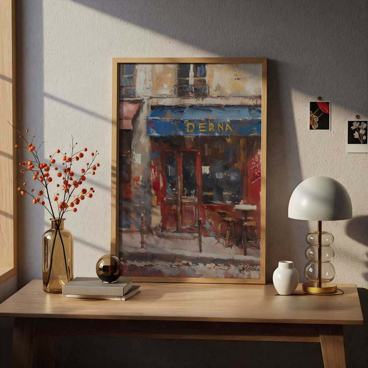 Parisian Cafe Street Scene Poster, Oil Painting Wall Art, Blue Awning Art Print, Living Room Decor — styling mockup 5