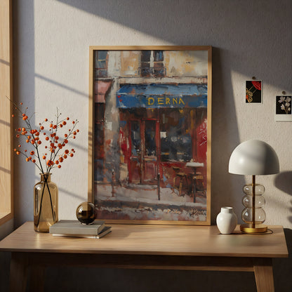 Parisian Cafe Street Scene Poster, Oil Painting Wall Art, Blue Awning Art Print, Living Room Decor — styling mockup 5