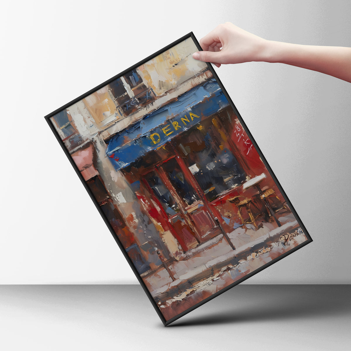 Parisian Cafe Street Scene Poster, Oil Painting Wall Art, Blue Awning Art Print, Living Room Decor — styling mockup 6