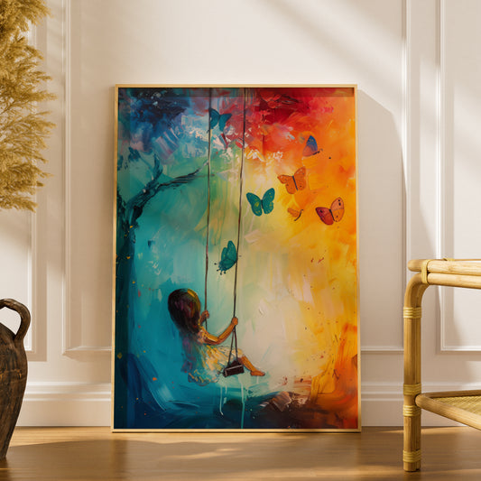 Girl on Swing Butterfly Painting Poster, Colourful Wall Art Print, Nursery & Bedroom Decor — styling mockup 1
