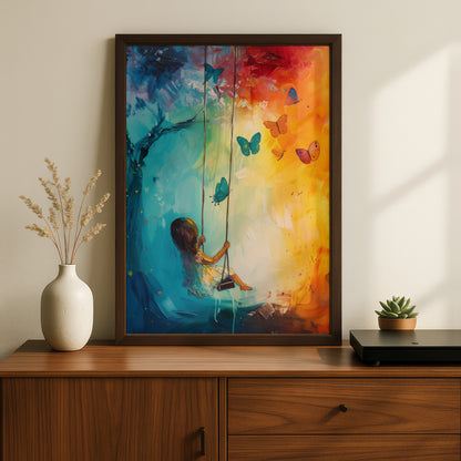 Girl on Swing Butterfly Painting Poster, Colourful Wall Art Print, Nursery & Bedroom Decor — styling mockup 2