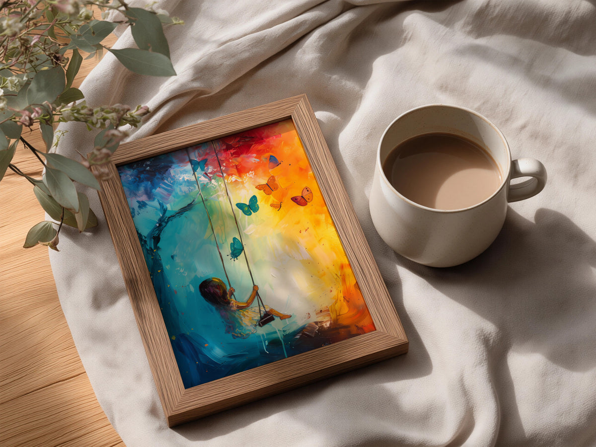 Girl on Swing Butterfly Painting Poster, Colourful Wall Art Print, Nursery & Bedroom Decor — styling mockup 3