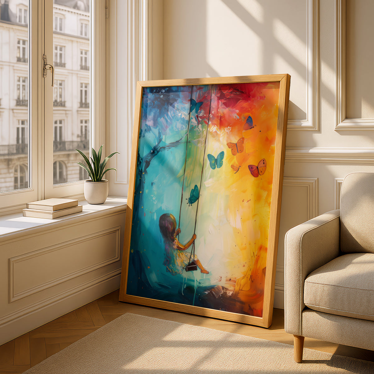 Girl on Swing Butterfly Painting Poster, Colourful Wall Art Print, Nursery & Bedroom Decor — styling mockup 4