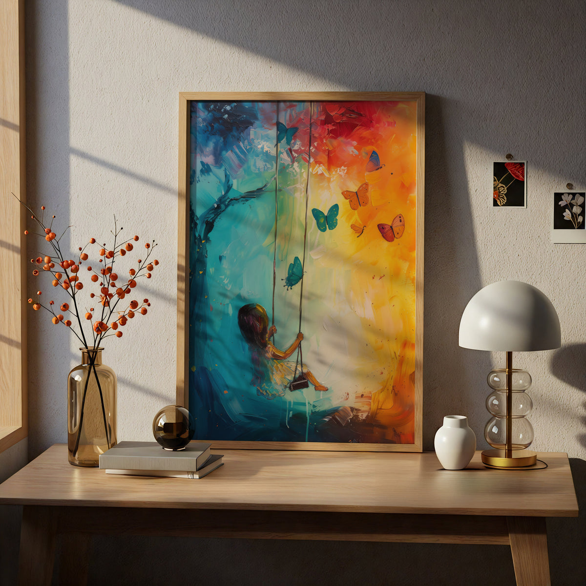 Girl on Swing Butterfly Painting Poster, Colourful Wall Art Print, Nursery & Bedroom Decor — styling mockup 5