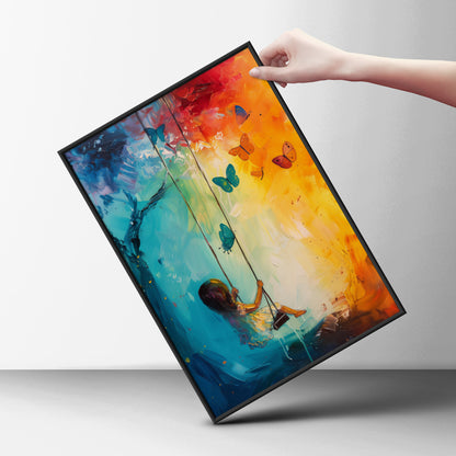 Girl on Swing Butterfly Painting Poster, Colourful Wall Art Print, Nursery & Bedroom Decor — styling mockup 6