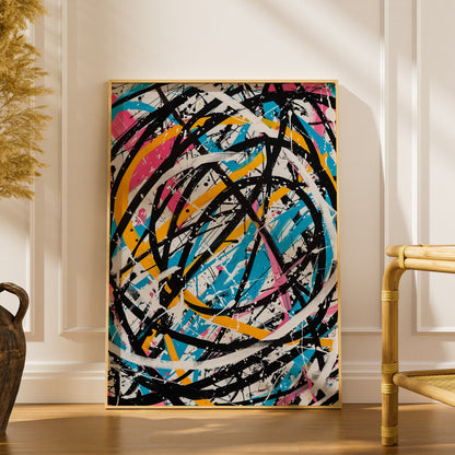 Abstract Expressionist Poster, Colourful Splatter Wall Art, Bold Black Brushstroke Art Print — styling mockup 1