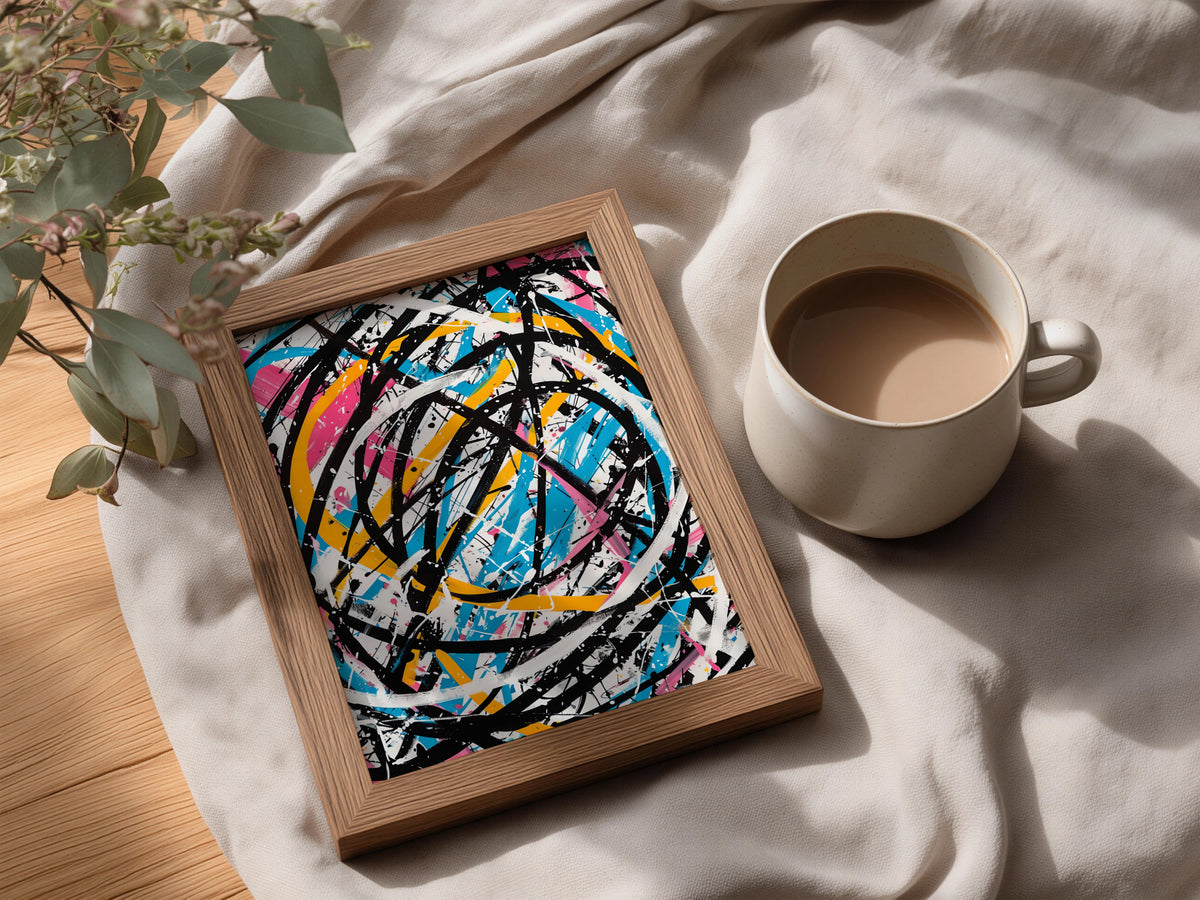 Abstract Expressionist Poster, Colourful Splatter Wall Art, Bold Black Brushstroke Art Print — styling mockup 3
