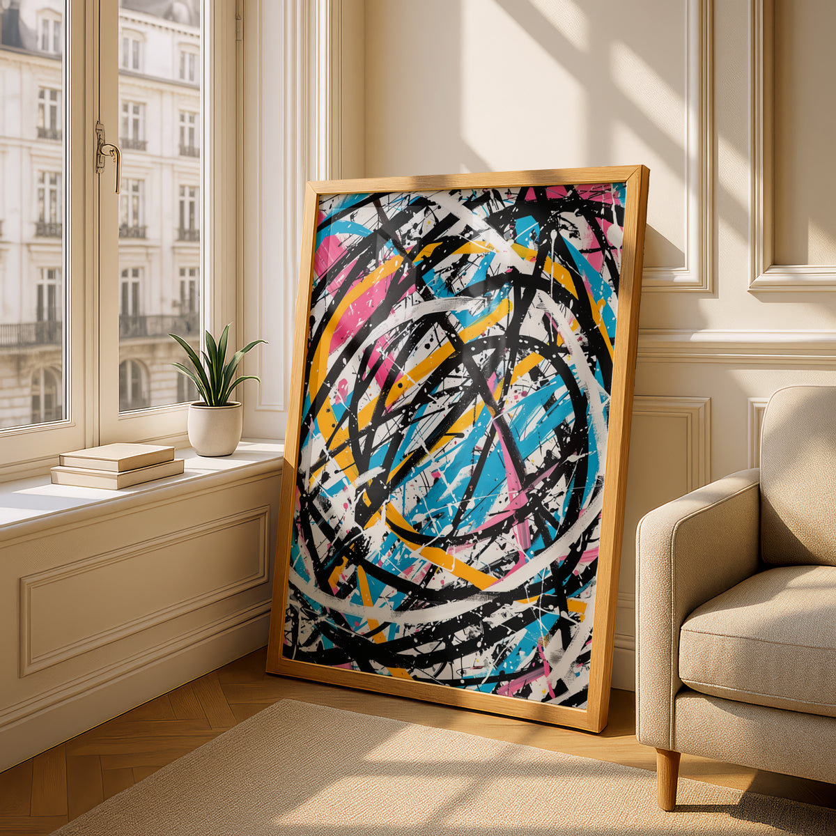 Abstract Expressionist Poster, Colourful Splatter Wall Art, Bold Black Brushstroke Art Print — styling mockup 4