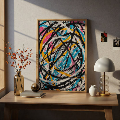 Abstract Expressionist Poster, Colourful Splatter Wall Art, Bold Black Brushstroke Art Print — styling mockup 5