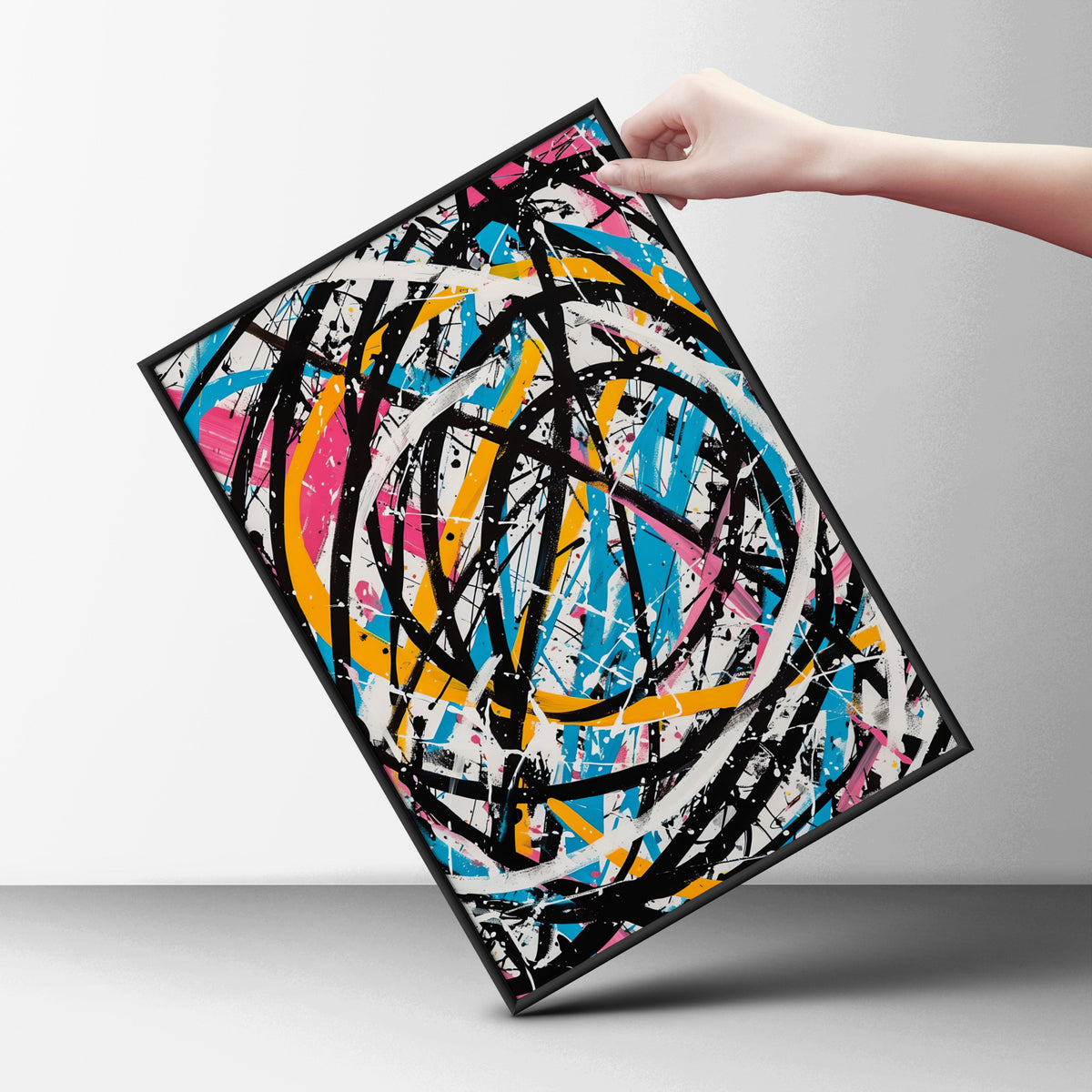 Abstract Expressionist Poster, Colourful Splatter Wall Art, Bold Black Brushstroke Art Print — styling mockup 6