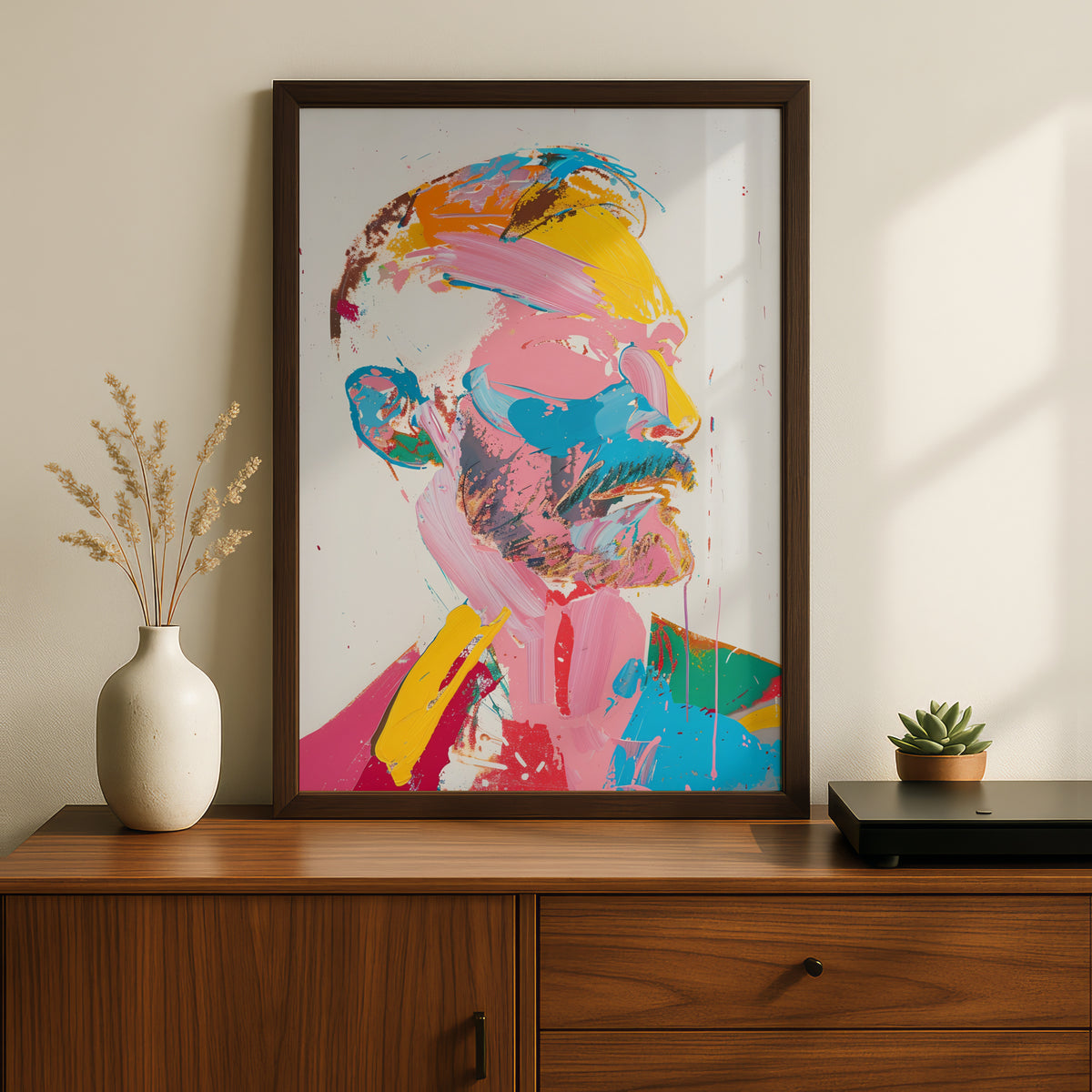 Abstract Portrait Poster, Colourful Expressionist Wall Art, Pink Yellow Blue Brushstroke Art Print — styling mockup 2
