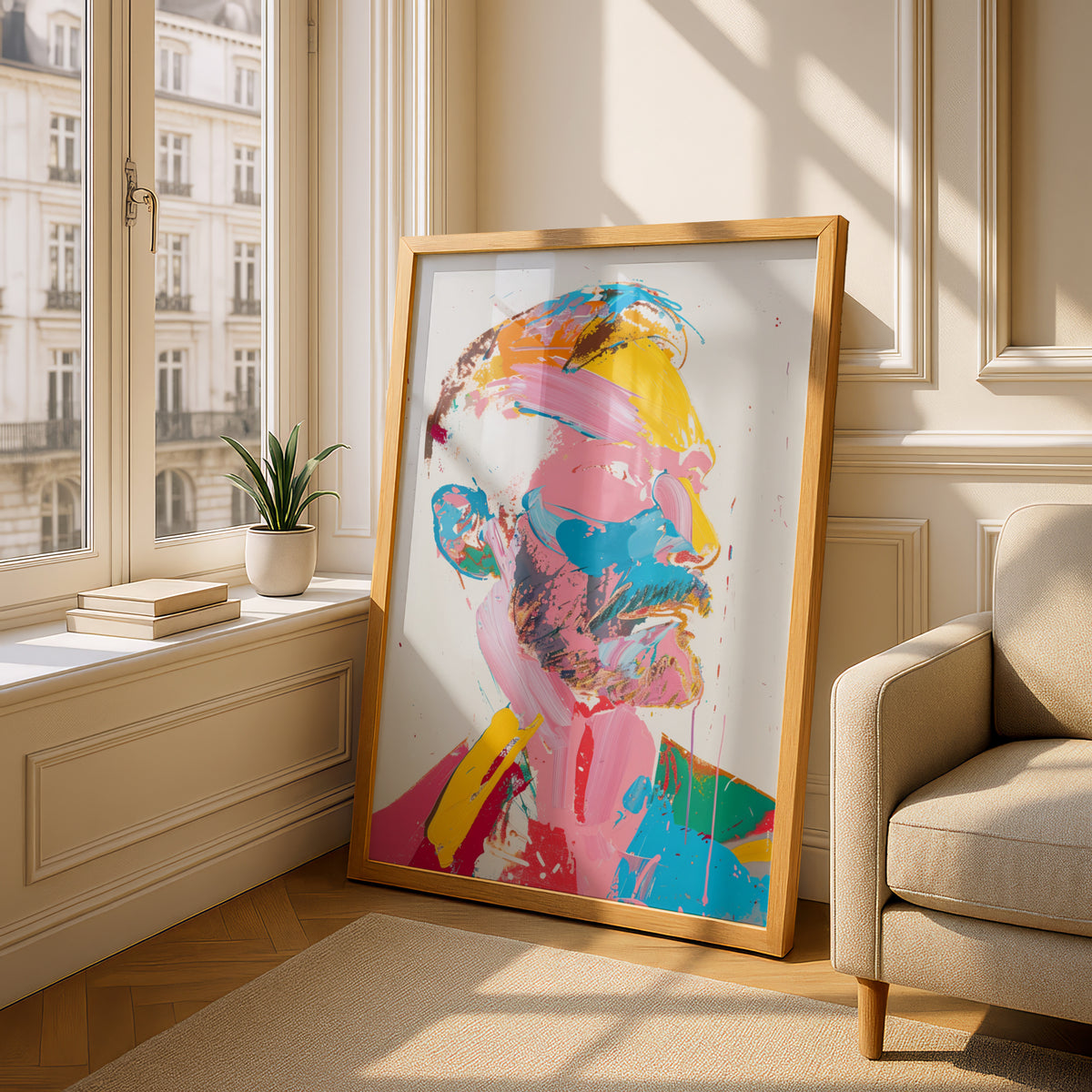 Abstract Portrait Poster, Colourful Expressionist Wall Art, Pink Yellow Blue Brushstroke Art Print — styling mockup 4