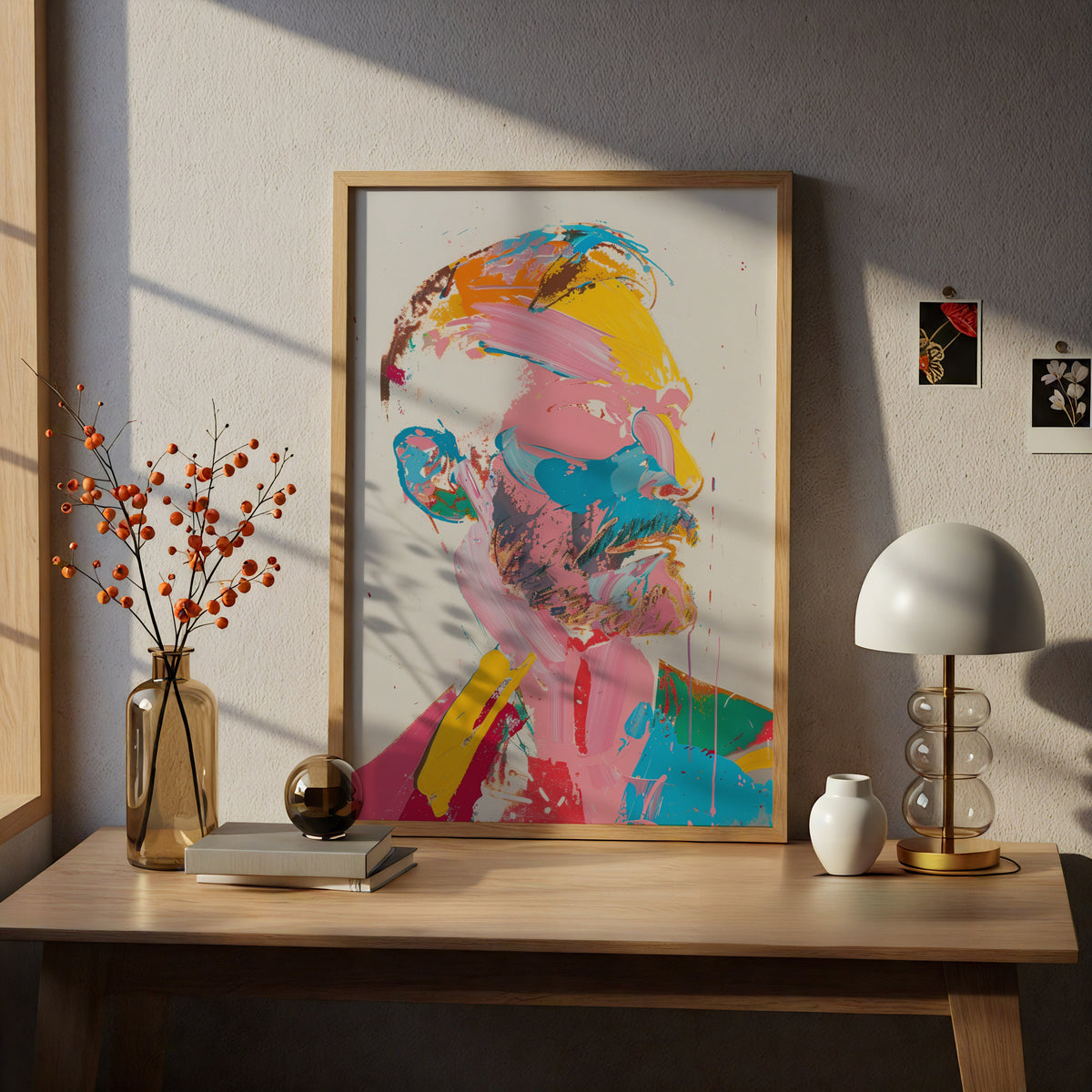 Abstract Portrait Poster, Colourful Expressionist Wall Art, Pink Yellow Blue Brushstroke Art Print — styling mockup 5