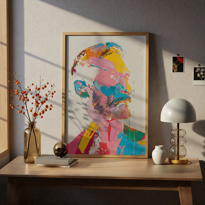 Abstract Portrait Poster, Colourful Expressionist Wall Art, Pink Yellow Blue Brushstroke Art Print — styling mockup 5