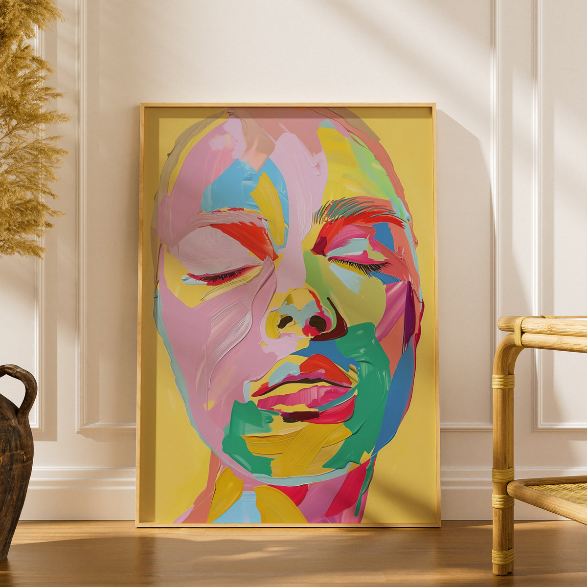 Colourful Abstract Face Portrait Poster, Pop Art Wall Art, Yellow Pink Palette Knife Art Print — styling mockup 1