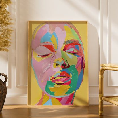 Colourful Abstract Face Portrait Poster, Pop Art Wall Art, Yellow Pink Palette Knife Art Print — styling mockup 1