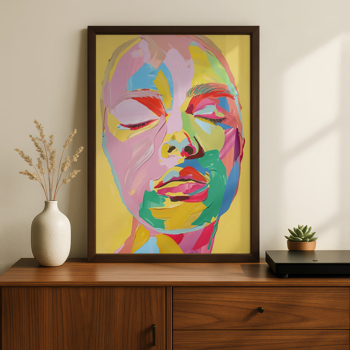 Colourful Abstract Face Portrait Poster, Pop Art Wall Art, Yellow Pink Palette Knife Art Print — styling mockup 2