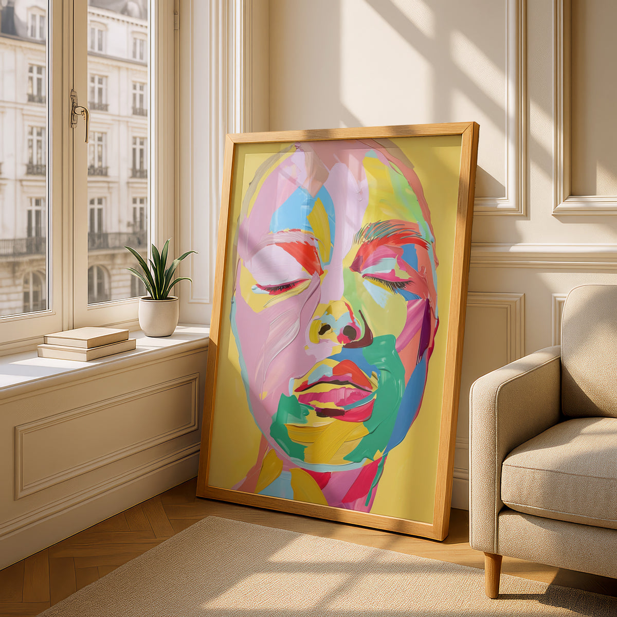 Colourful Abstract Face Portrait Poster, Pop Art Wall Art, Yellow Pink Palette Knife Art Print — styling mockup 4