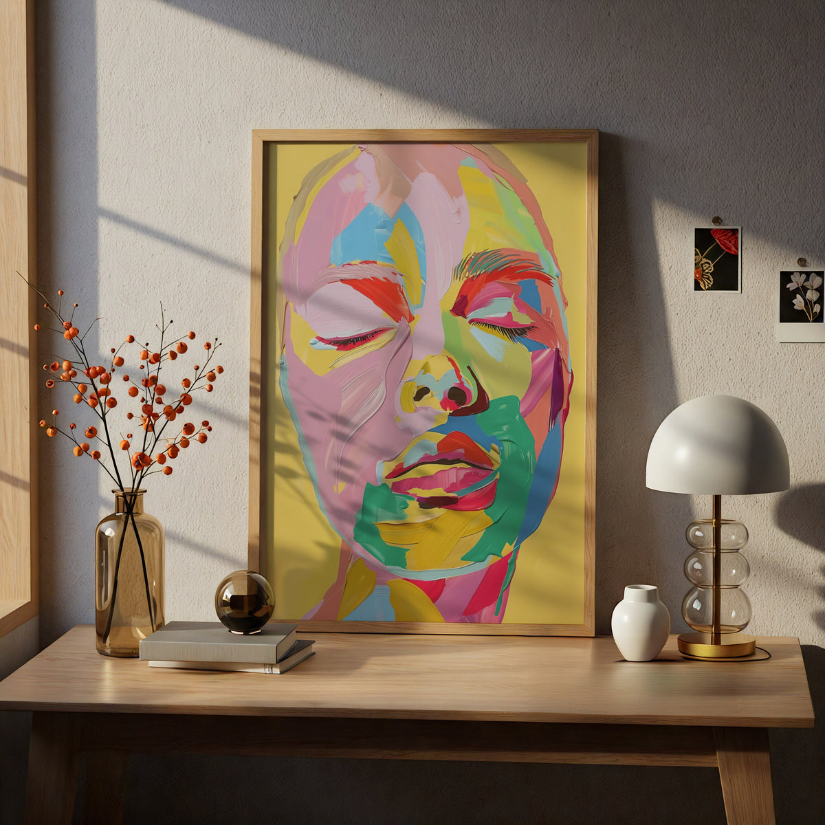 Colourful Abstract Face Portrait Poster, Pop Art Wall Art, Yellow Pink Palette Knife Art Print — styling mockup 5