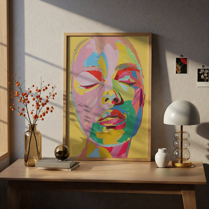 Colourful Abstract Face Portrait Poster, Pop Art Wall Art, Yellow Pink Palette Knife Art Print — styling mockup 5