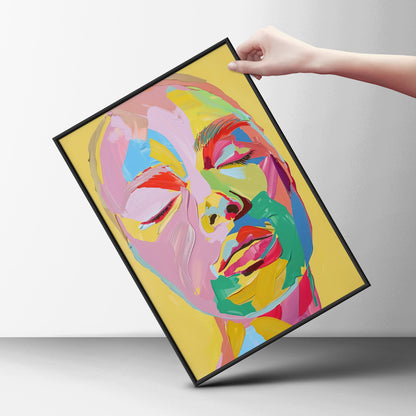 Colourful Abstract Face Portrait Poster, Pop Art Wall Art, Yellow Pink Palette Knife Art Print — styling mockup 6